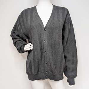 90s Y2K Men's Charcoal Gray V Neck Cardigan Sweater Striped Knit